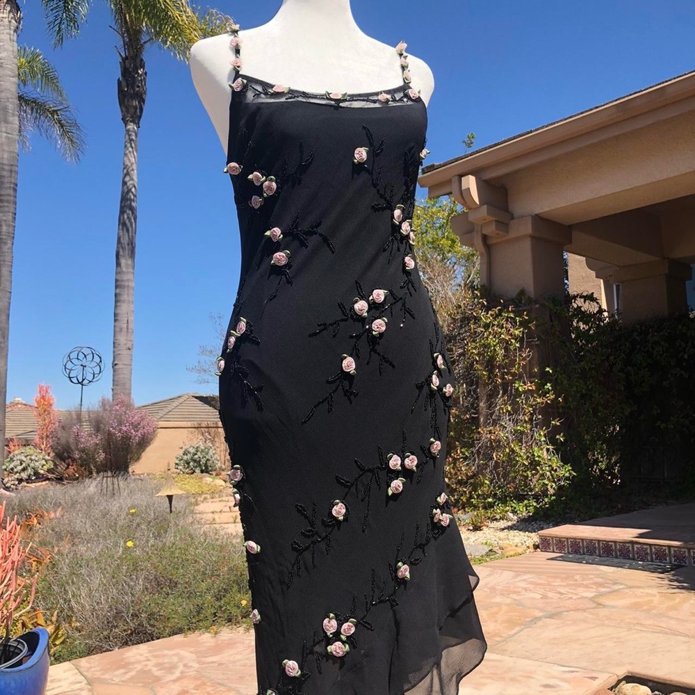 Cache Black Dress with Pink Floral Accents